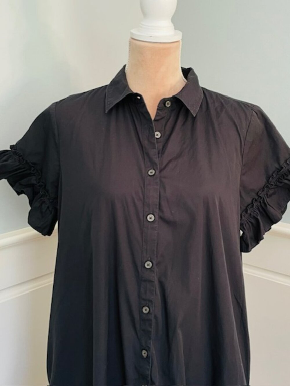 J.Crew Cotton Shirt Dress Black Ruffle Trim Button Front Midi Dress Medium - Picture 3 of 8